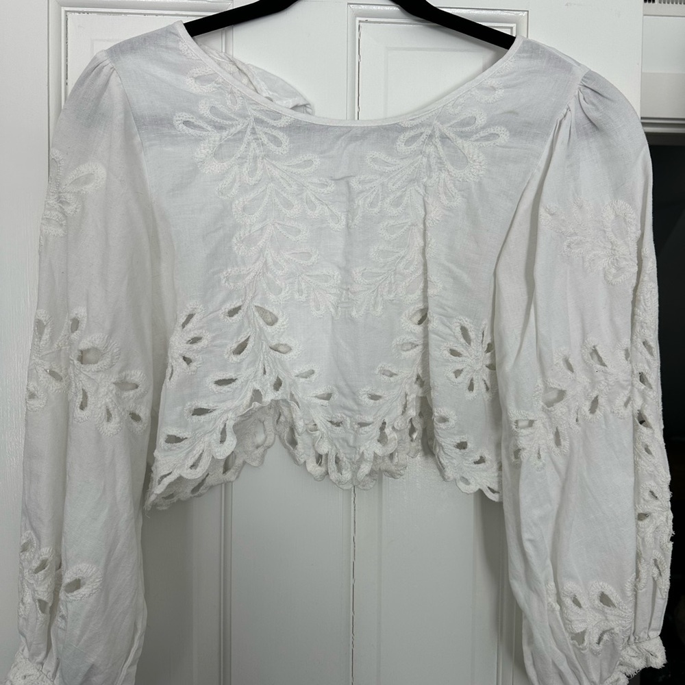 Free People White Embroidered Cropped Peasant Blouse
